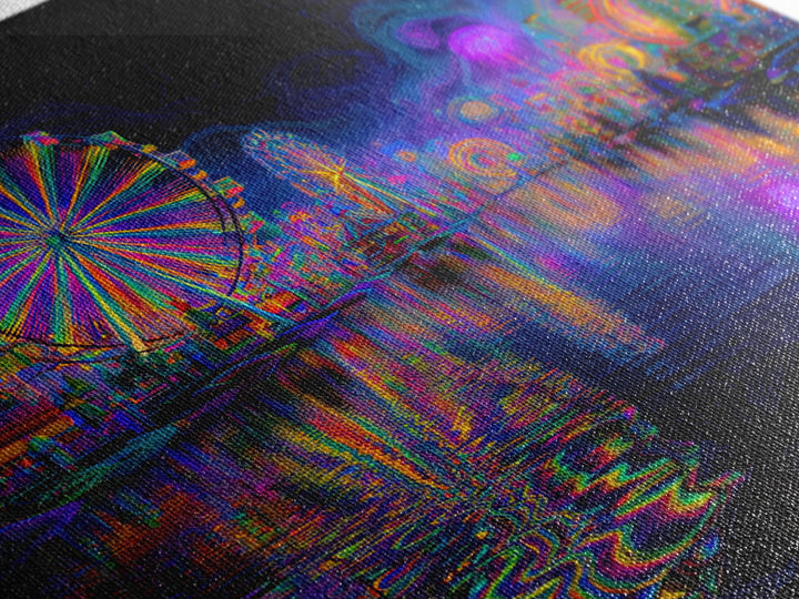 Neon Carnival At Night Abstract Wall Art, Psychedelic Ferris Wheel Canvas Print, Colorful Dopamine Decor Gaming Room Art