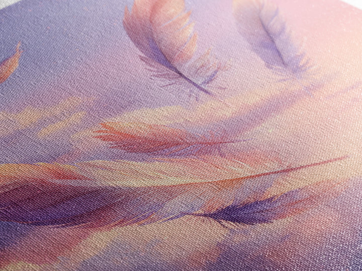 Floating Pink Feathers Wall Art, Dreamy Celestial Canvas Print, Pastel Cloud Decor, Whimsical Nursery Bedroom Gift For Her