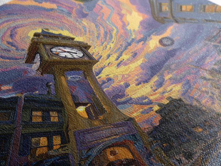 Surreal Cityscape With Clock Tower And Swirling Sky At Sunset Wall Art Framed Canvas Print For Home Decor