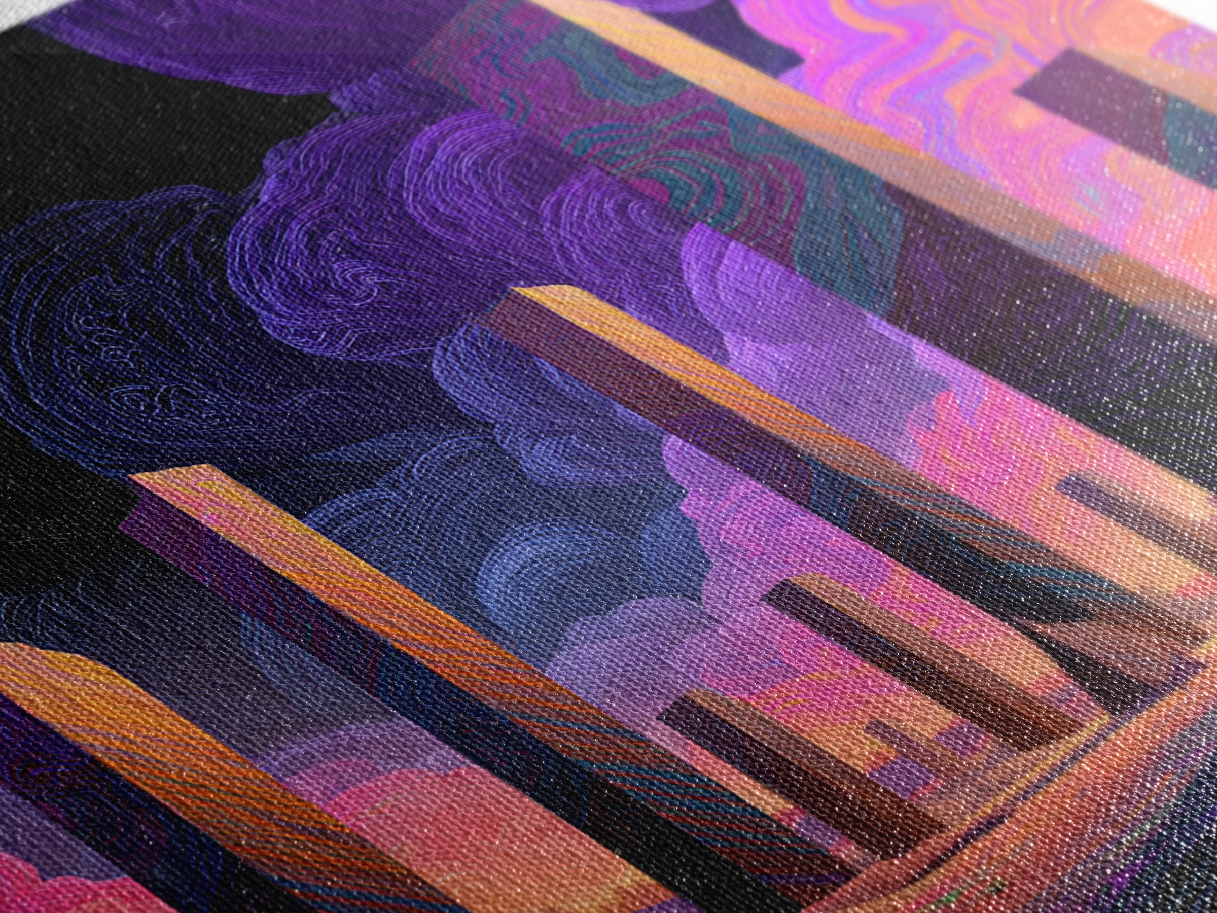 Neon Desert Monoliths Under Purple Sky Canvas Print, Futuristic Landscape Wall Art, Sci Fi Abstract Decor For Modern Home