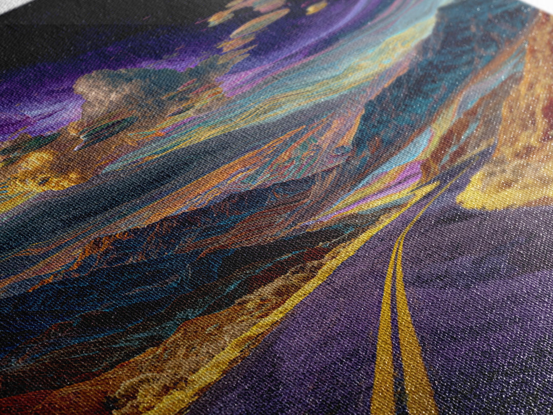 Cosmic Desert Highway Under Swirling Galaxy Sky Wall Art, Surreal Colorful Landscape Canvas Print, Modern Decor