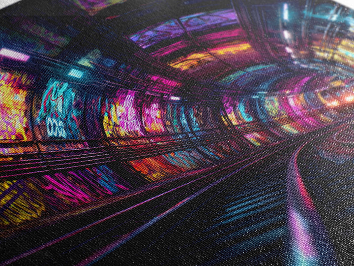 Neon Tunnel Cityscape Wall Art, Futuristic Subway Graffiti Canvas Print, Vibrant Urban Gaming Room Decor