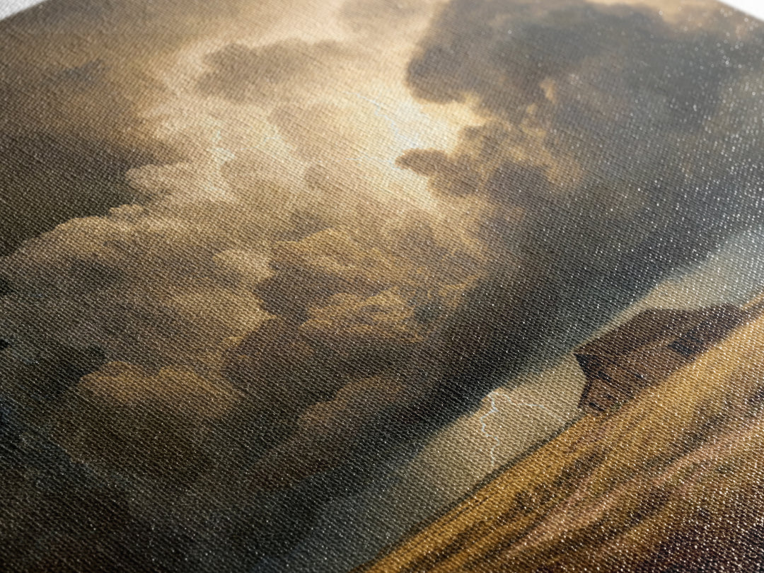 Stormy Sky Over Rustic Barn Landscape Painting Wall Art, Dramatic Lightning Cloud Print, Country Farmhouse Rustic Decor