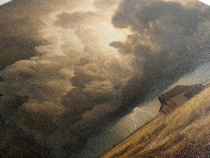 Stormy Sky Over Rustic Barn Landscape Painting Wall Art, Dramatic Lightning Cloud Print, Country Farmhouse Rustic Decor