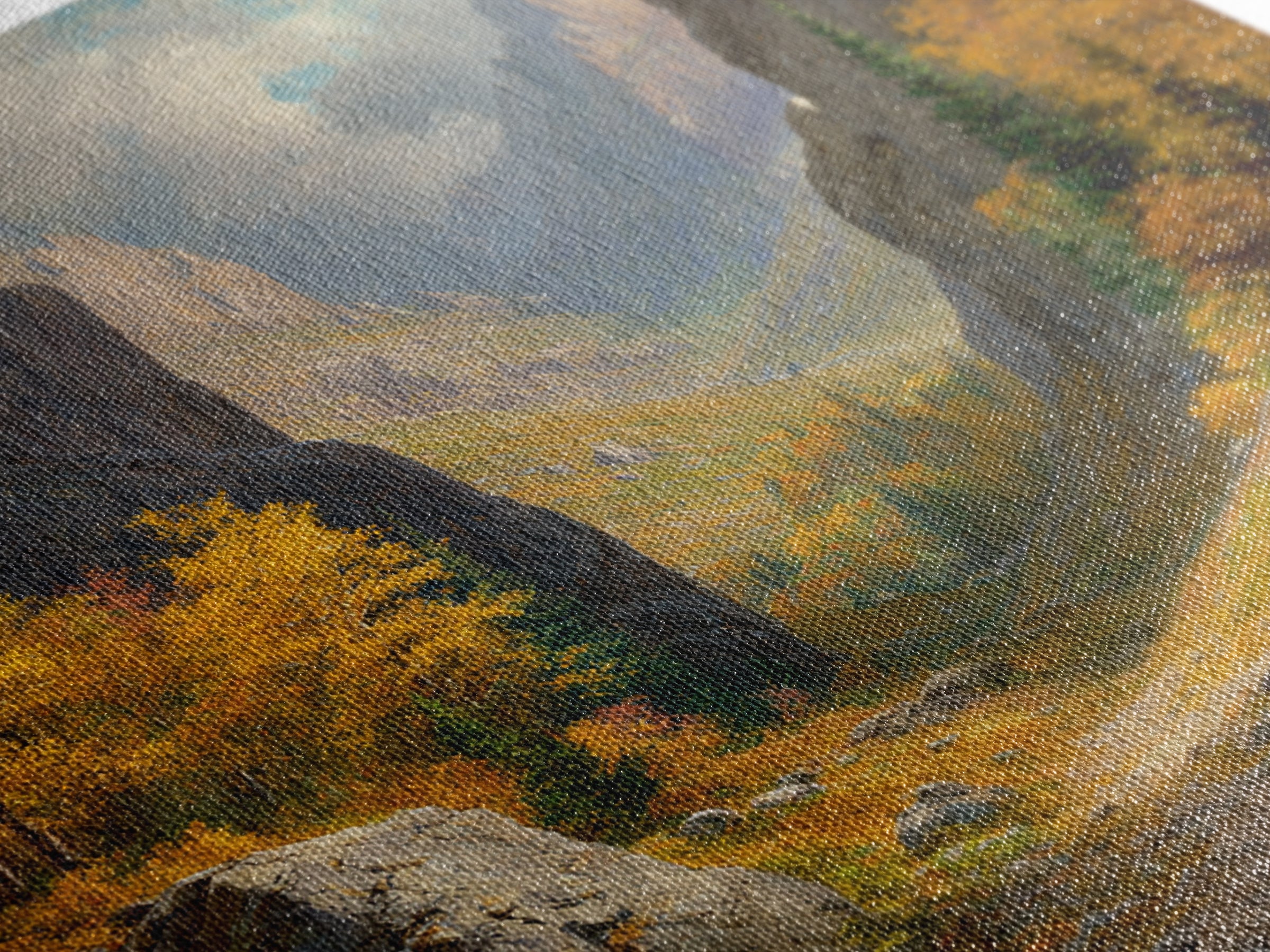 Golden Autumn Mountain Valley Path Landscape Wall Art, Cozy Fall Forest Canyon Living Room Canvas Print