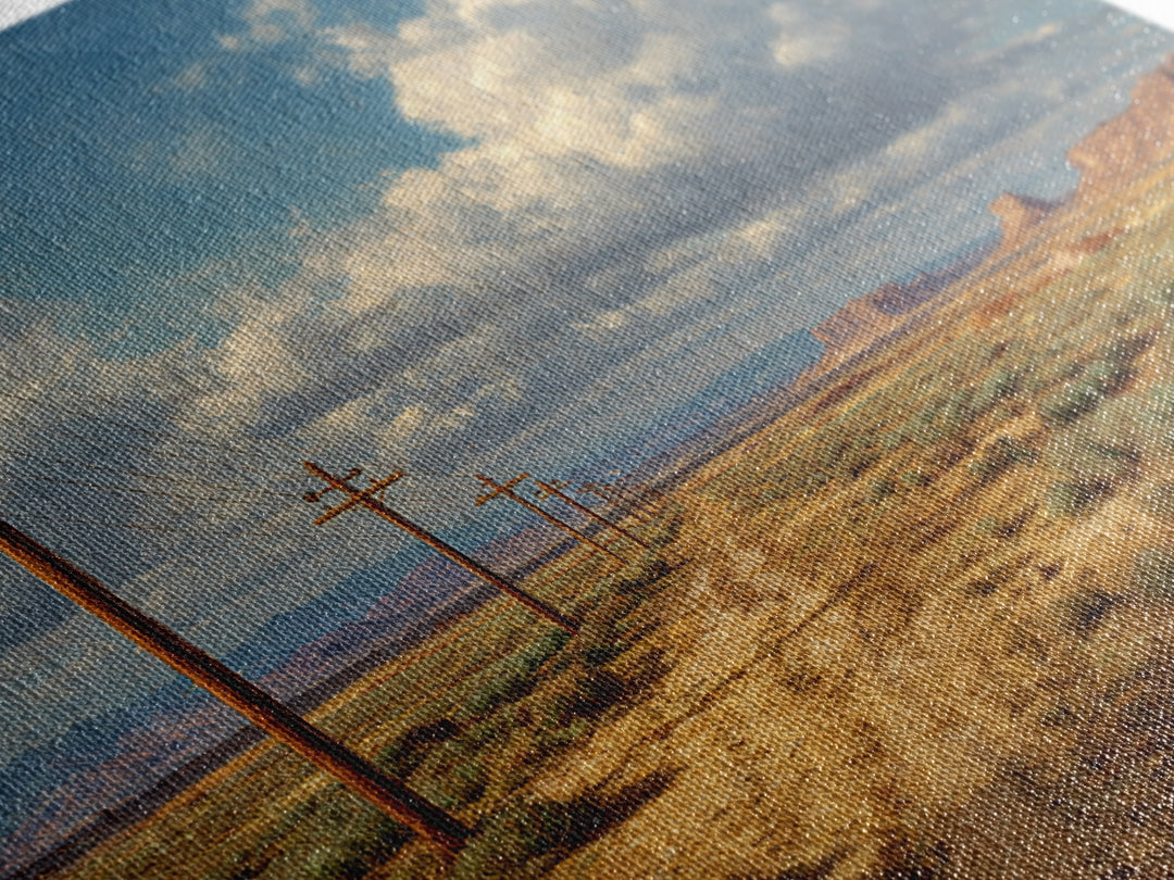 Desert Telephone Poles Landscape Wall Art Print, Rustic Country Road Western Decor, Neutral Landscape Canvas Print For Living Room