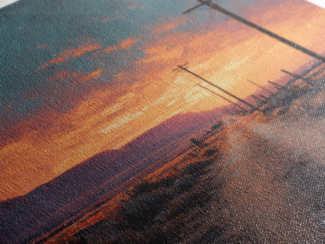 Country Dirt Road Sunset Landscape Wall Art, Warm Rustic Western Painting, Farmhouse Home Decor Large Framed Canvas Print
