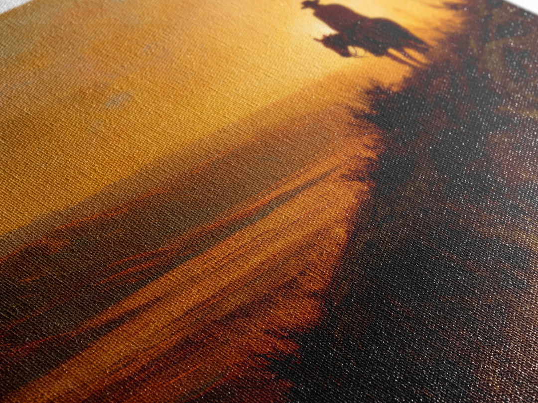 Western Cowboy Sunset Hill Painting Wall Art, Rustic Horse Rider Canvas Print, Warm Desert Landscape Home Decor