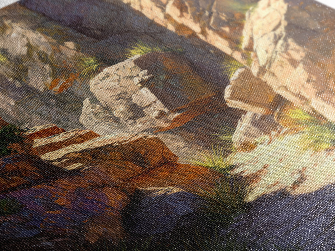 Sunlit Desert Canyon Trail Landscape Wall Art, Warm Southwest Rocks And Sage Green Nature Canvas Print
