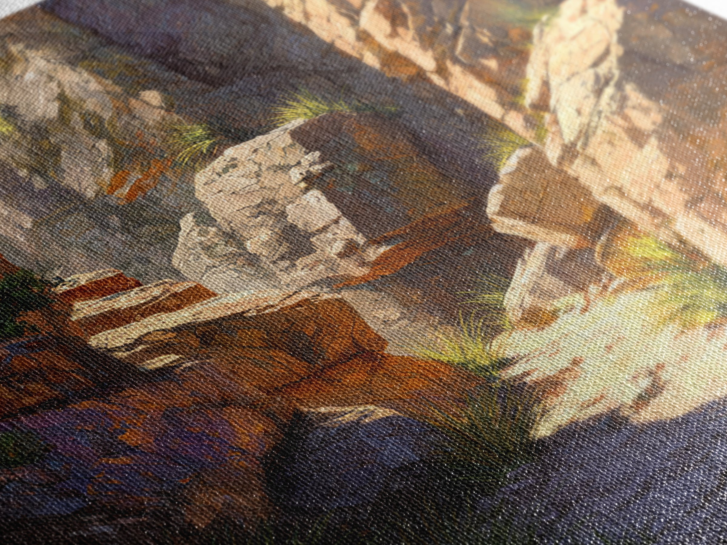 Sunlit Desert Canyon Trail Landscape Wall Art, Warm Southwest Rocks And Sage Green Nature Canvas Print