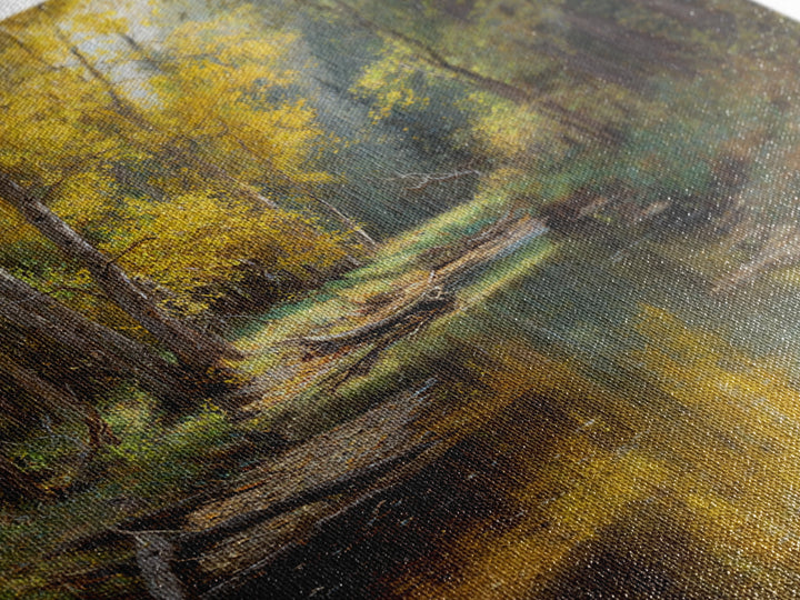 Golden Forest Creek Wall Art, Autumn Landscape Canvas Print, Rustic Nature Painting For Cozy Living Room Decor
