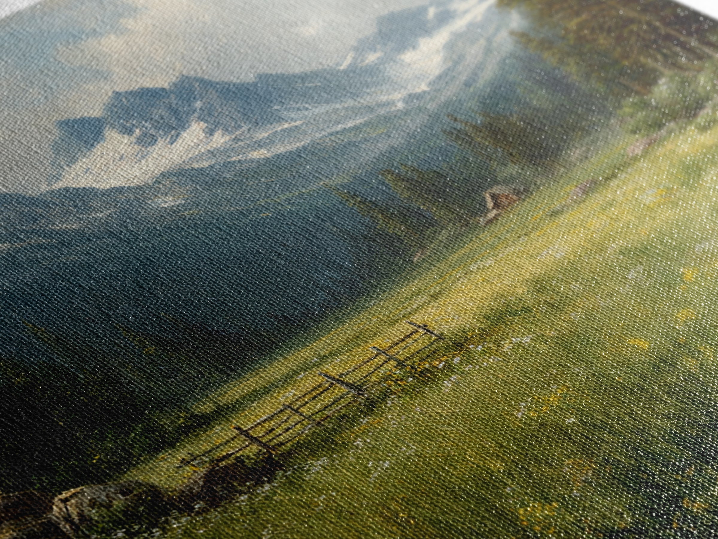 Alpine Meadow Cabin Landscape Wall Art, Mountain Valley Oil Painting Print, Rustic Country Home Decor Living Room Wall Art