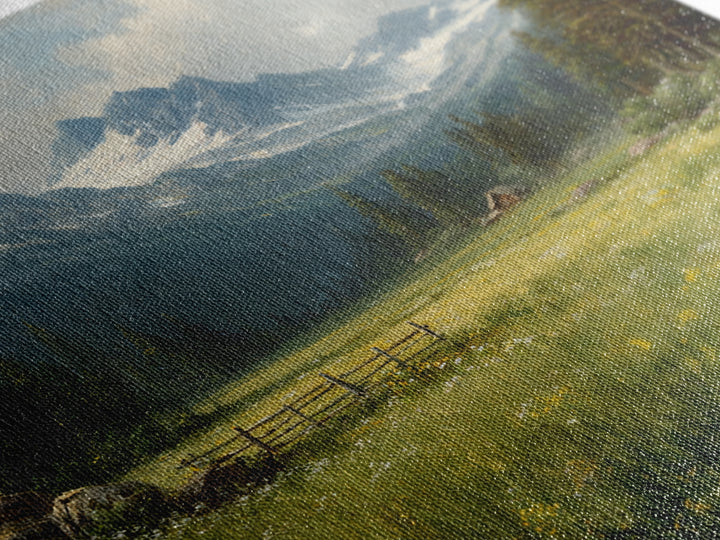 Alpine Meadow Cabin Landscape Wall Art, Mountain Valley Oil Painting Print, Rustic Country Home Decor Living Room Wall Art