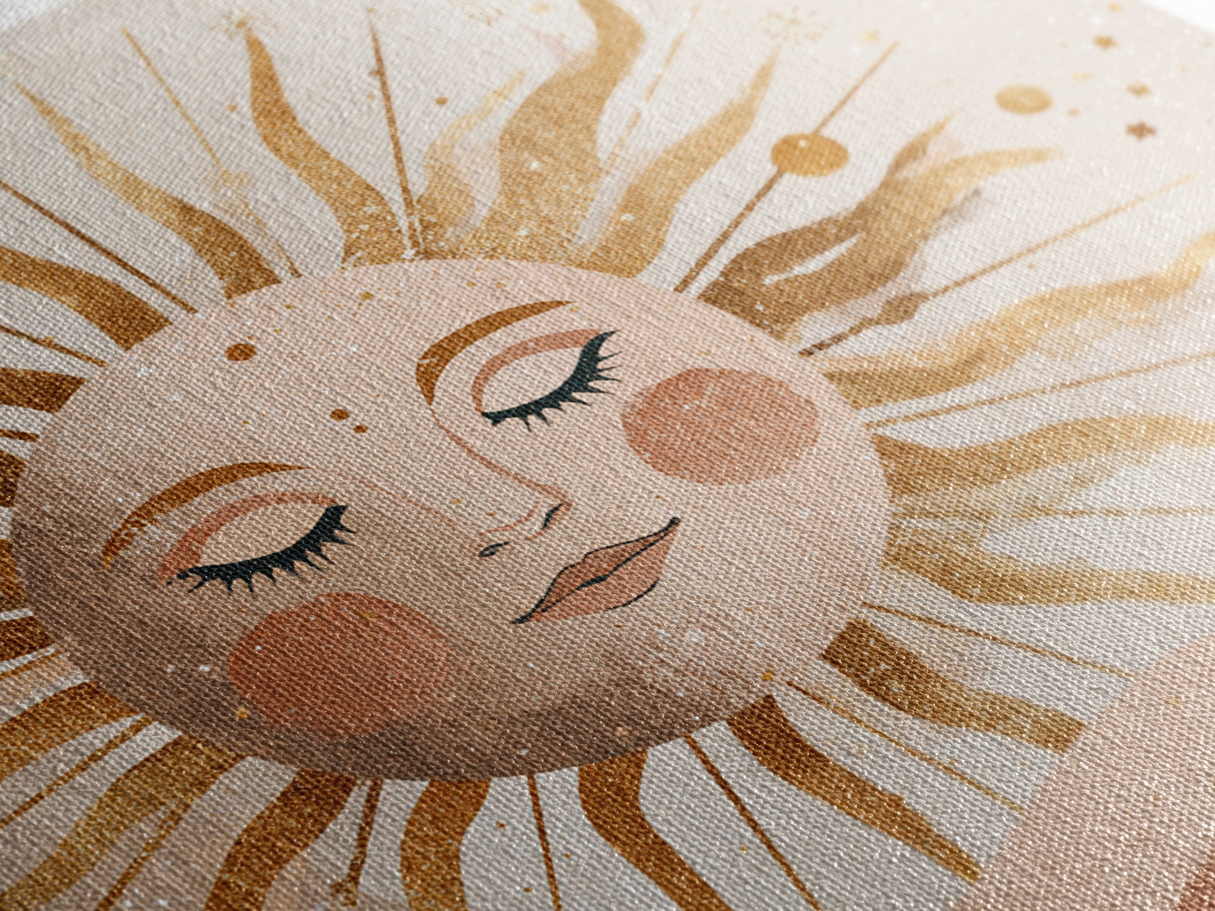 Boho Sun And Moon Wall Art, Celestial Gold Face Print, Whimsical Nursery Decor, Spiritual Bedroom Canvas Gift For Her Home Decor