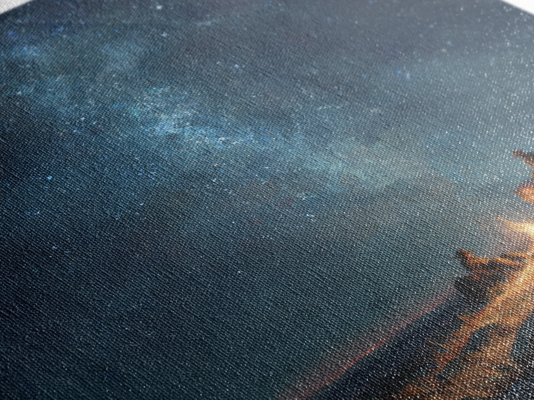 Cowboys By Campfire Under Milky Way Night Sky Wall Art Print, Western Landscape Painting, Rustic Country Home Decor Art