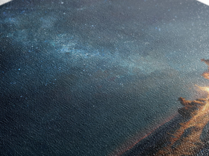 Cowboys By Campfire Under Milky Way Night Sky Wall Art Print, Western Landscape Painting, Rustic Country Home Decor Art