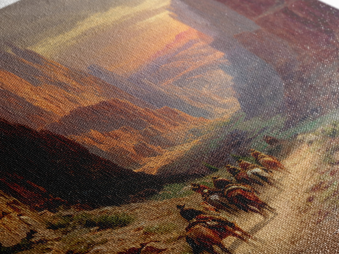 Cowboys Riding Through Canyon At Sunset Wall Art, Western Landscape Painting Print, Rustic Southwest Decor Living Room Art