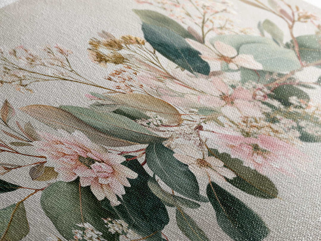 Soft Pink Floral Greenery Canvas Print, Eucalyptus Botanical Wall Decor, Neutral Living Room Art, Modern Farmhouse Decor