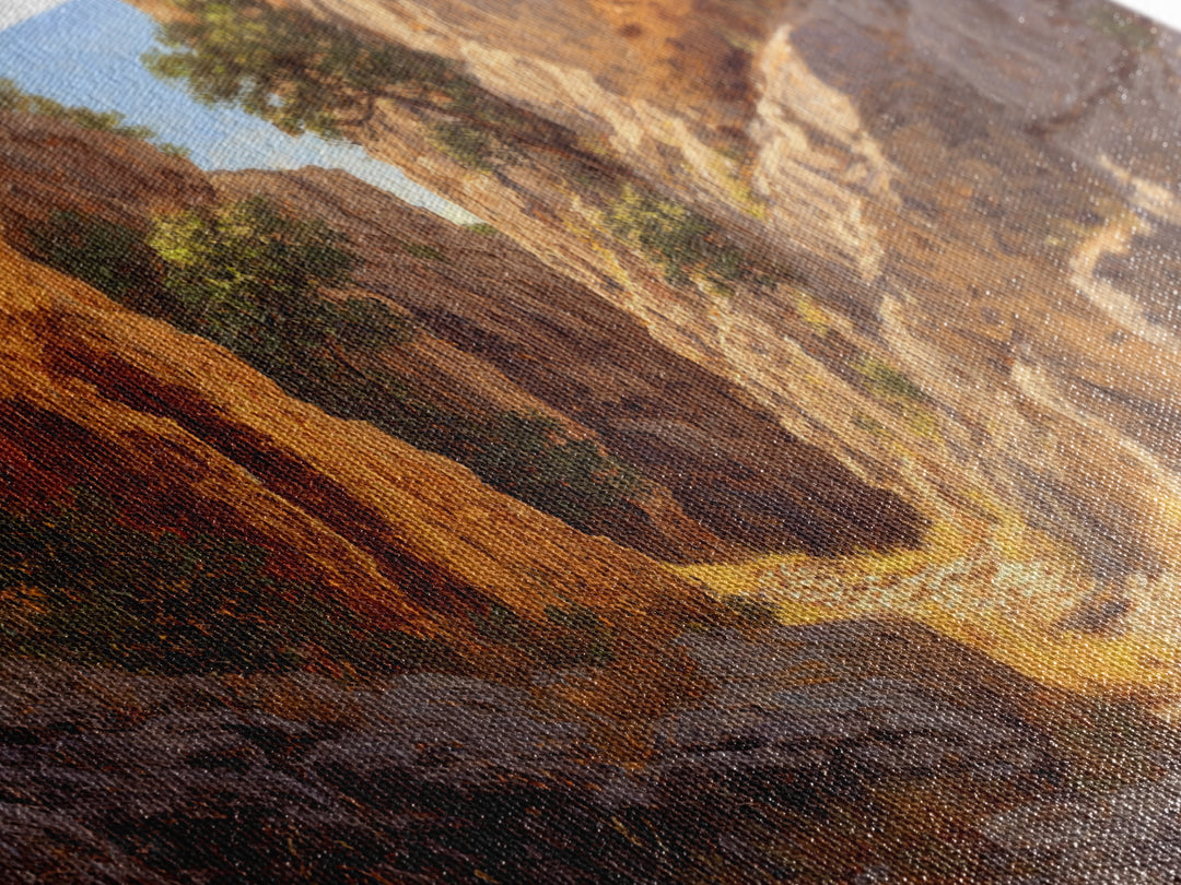 Rustic Canyon Landscape Oil Painting Bright Earth Tone Wall Art Framed Canvas Print Ideal For Living Room Decor Nature Lovers Gift