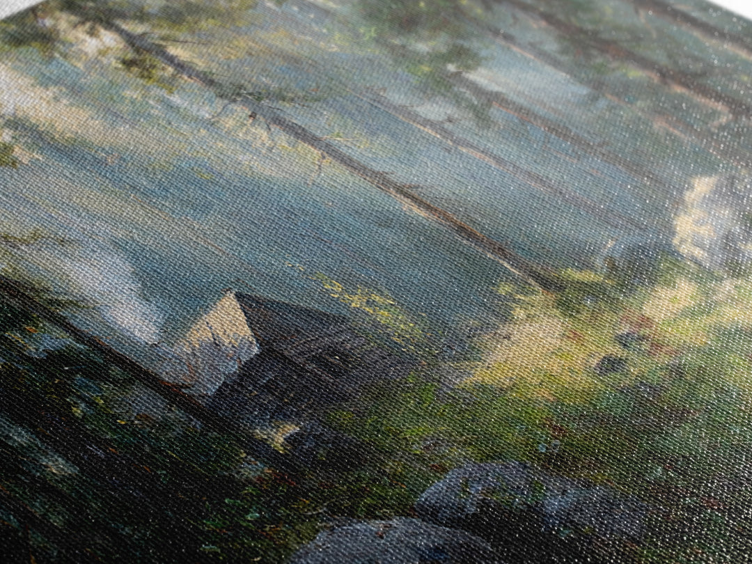 Beautiful Forest Cabin With Sunlight Streaming Through Trees Oil Painting Canvas Print Wall Art