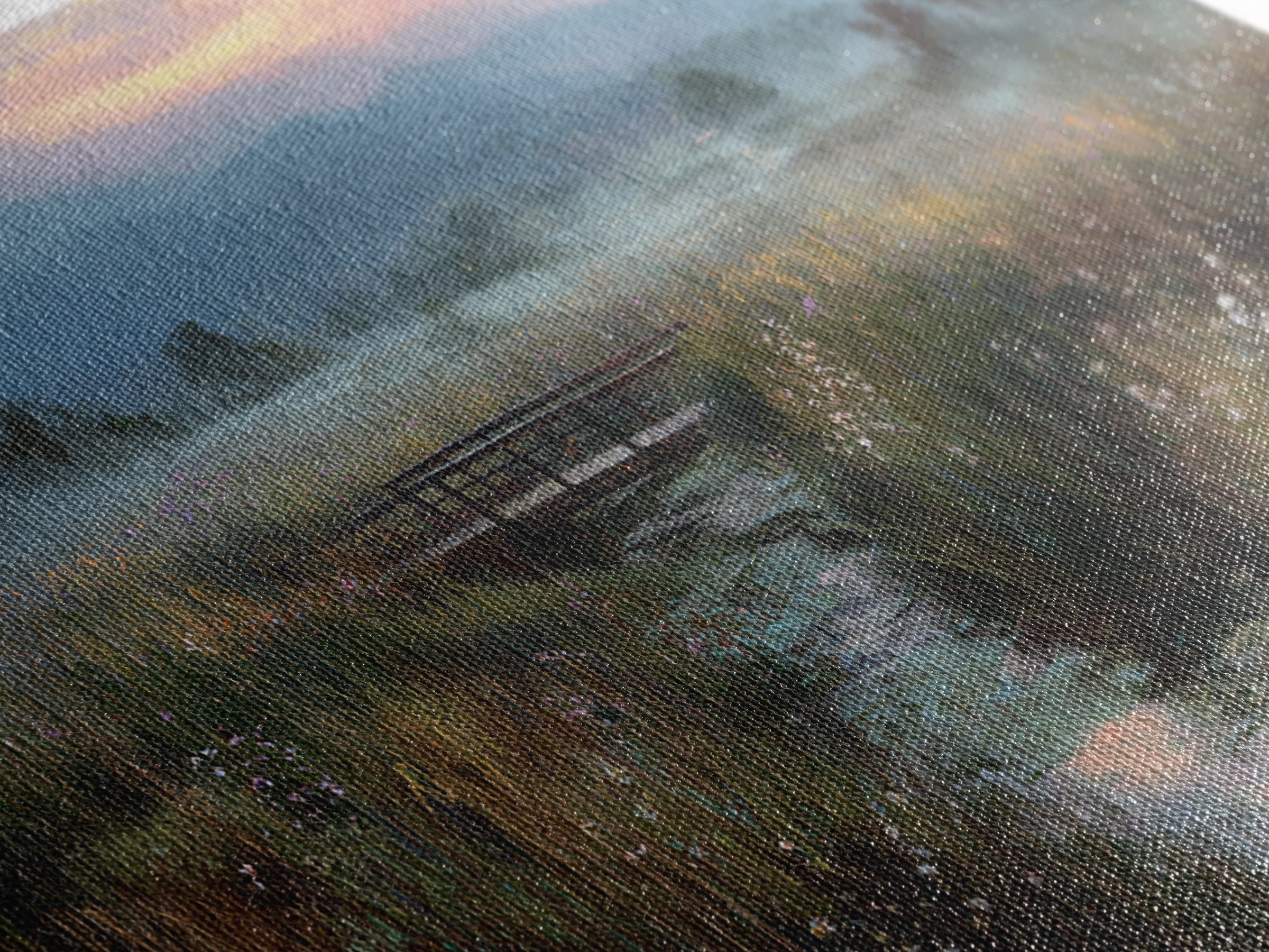 Tranquil Early Morning Meadow Landscape Oil Painting With Bridge Nature Wall Art For Rustic Home Decor Canvas Print
