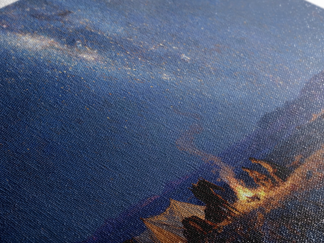 Western Night Landscape Painting With Campfire And Horses Under Starry Sky Wall Art