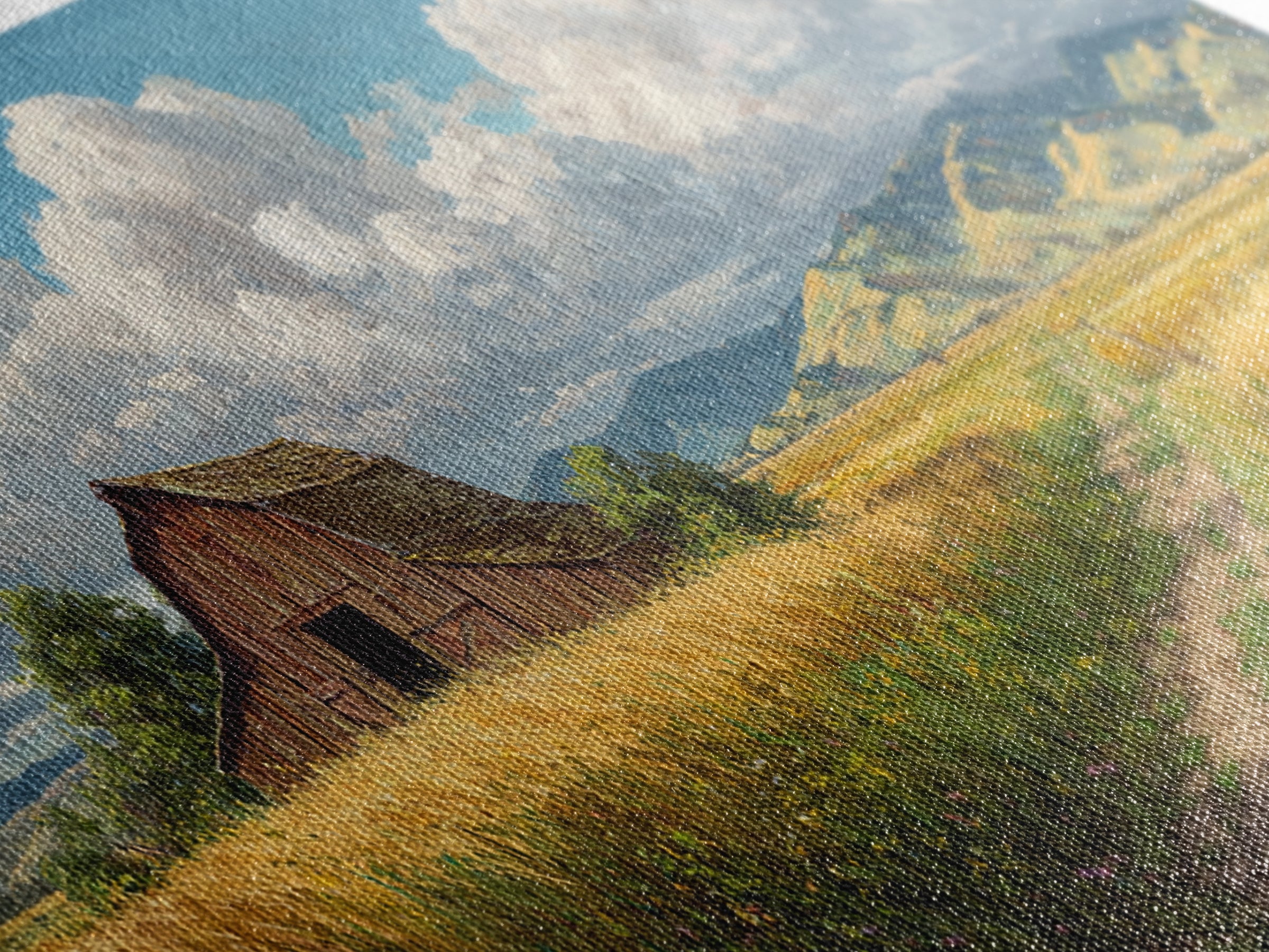 Classic Country Barn in Golden Autumn Field With Mountain Backdrop Oil Painting Canvas Print Wall Art for Rustic Home Decor