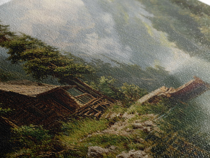 Peaceful Riverside Cabin Landscape Painting Wall Art Framed Canvas Print Rustic Home Decor Large Art Print
