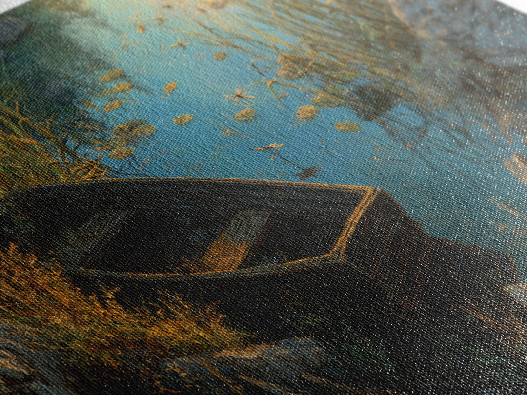 Rustic Oil Painting Capturing Quiet Lakeside With Old Wooden Boat Among Calm Water And Rocks Serene Nature Wall Art For Home Decor Framed Canvas Print