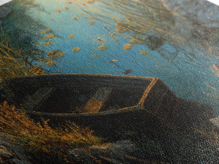 Rustic Oil Painting Capturing Quiet Lakeside With Old Wooden Boat Among Calm Water And Rocks Serene Nature Wall Art For Home Decor Framed Canvas Print