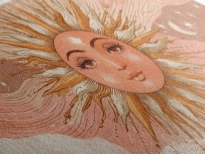 Boho Sun Face Wall Art, Celestial Moon And Stars Illustration, Terracotta Mystical Decor, Whimsical Nursery Art Print Gift