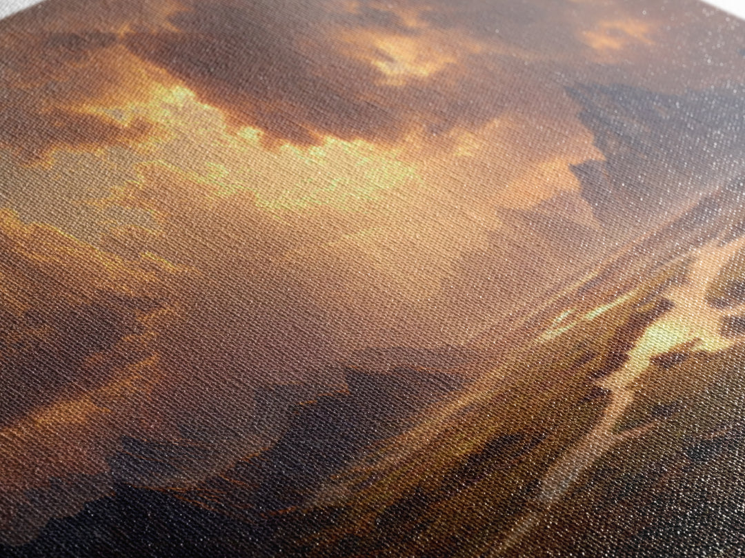 Sunset Mountain River Landscape Wall Art With Warm Golden Light Rays Illuminating Nature For Rustic Home Decor And Large Canvas Print