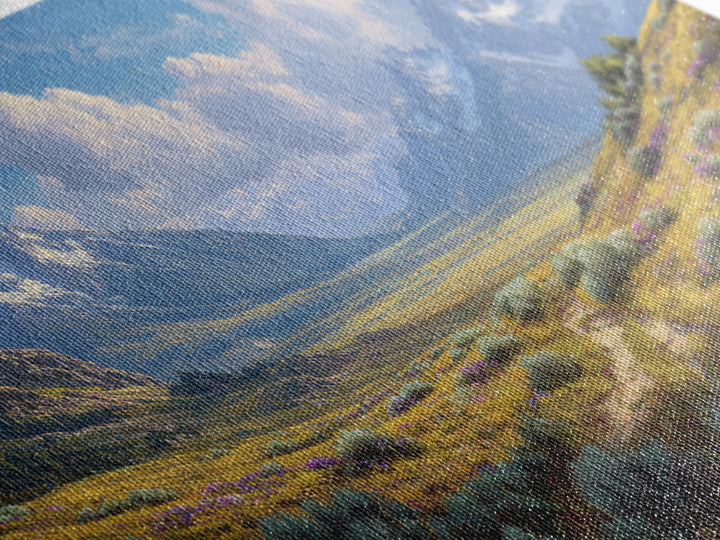 Stunning Realistic Mountain Landscape Painting Canvas Print Featuring Wildflowers And Blue Sky Large Wall Art For Living Room Decor