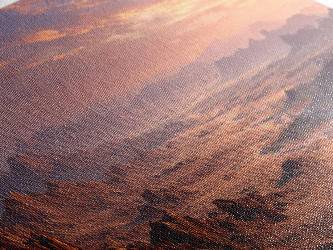 Expansive Desert Canyon Landscape With Warm Sunset Glow Moody Wall Art Framed Canvas Print Suitable For Living Room Decor