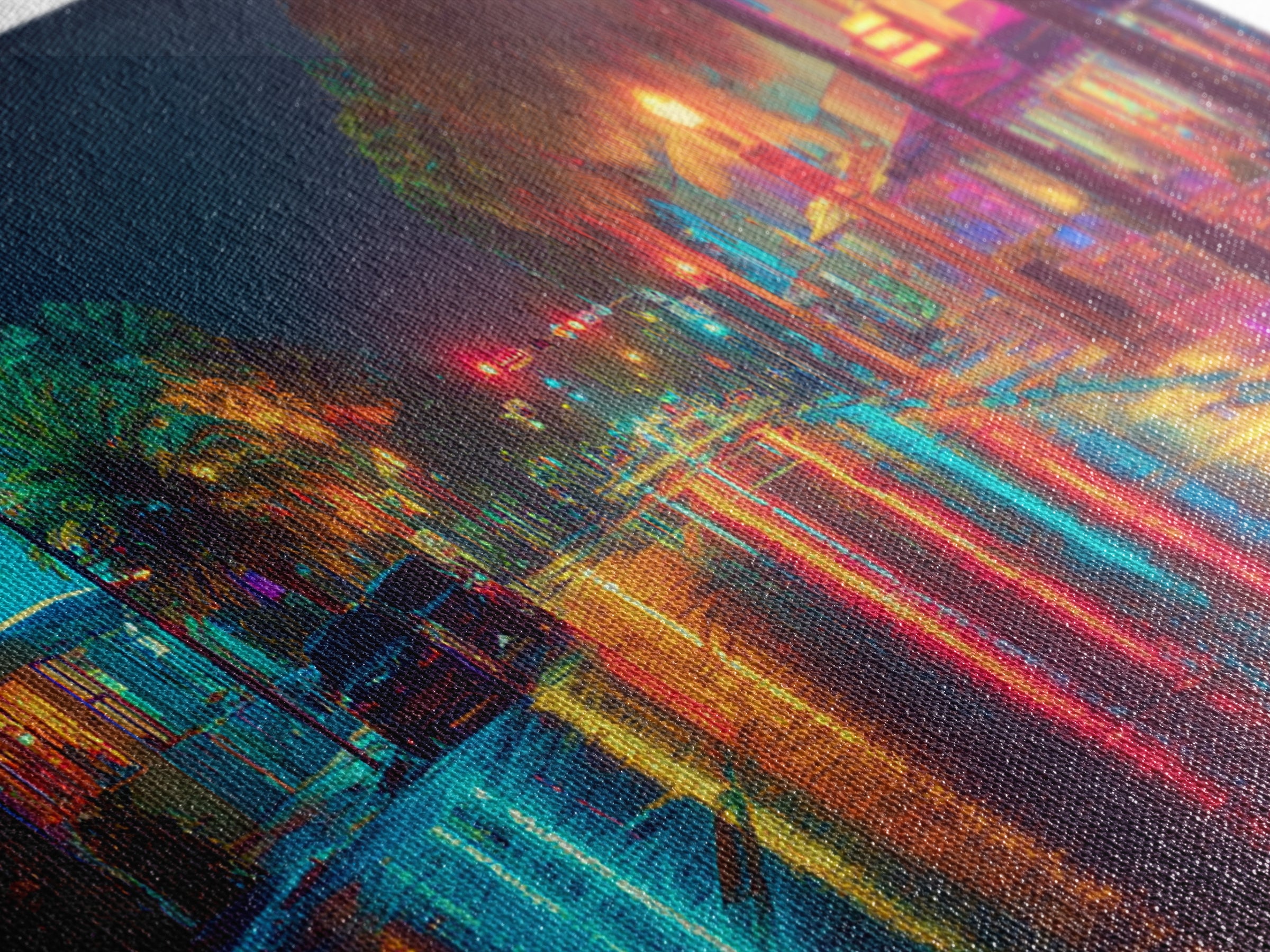 Colorful Night City Street With Neon Lights And Reflections On Wet Pavement Modern Wall Art Print Canvas