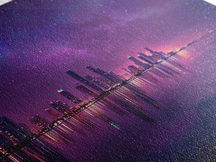 Vibrant Neon Purple City Skyline At Night With Starry Sky Reflections Wall Art Modern Wall Decor Canvas Print