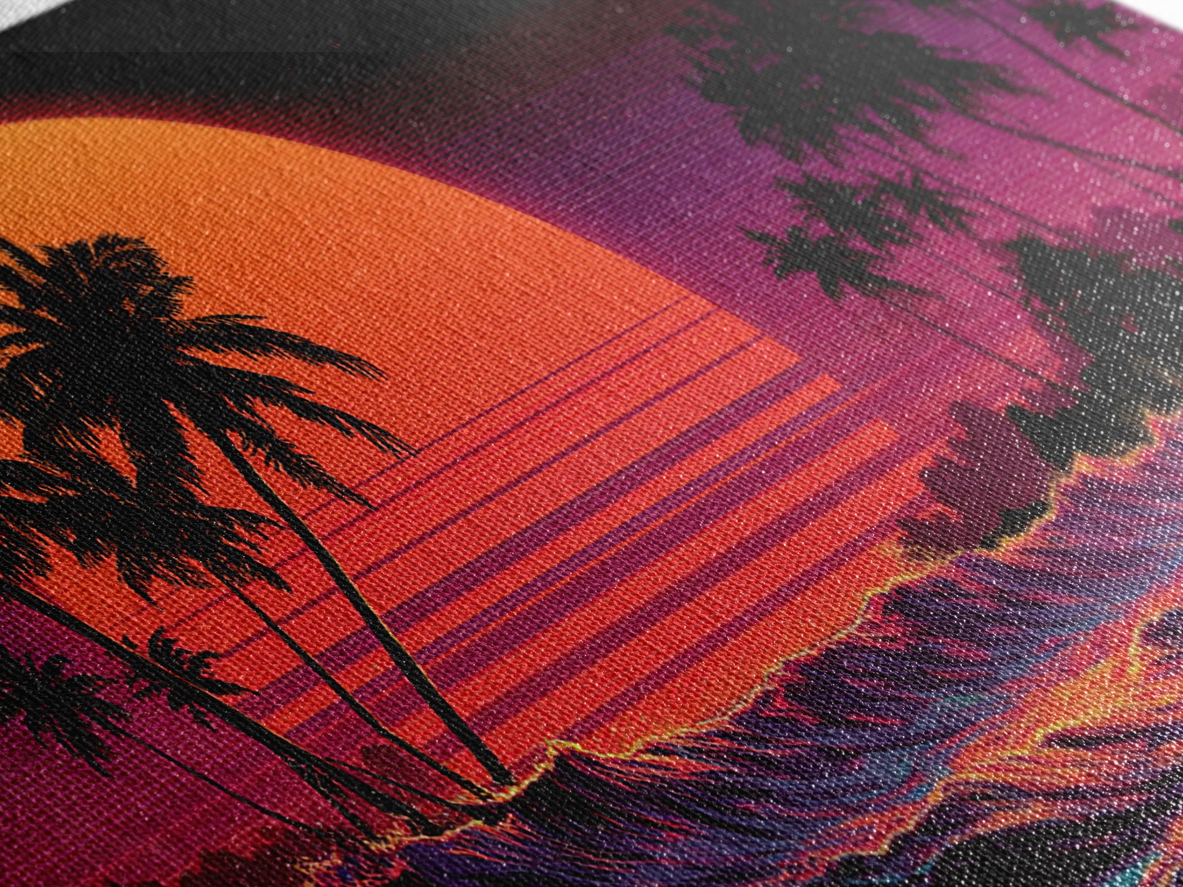 Retro Sunset Palm Trees Digital Art Canvas Print Wall Art Living Room Decor Tropical Beach Scene Large Framed Canvas Print Home Decor