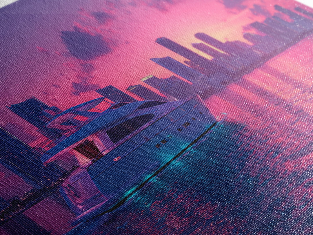 Luxury Yacht Sailing At Vibrant Pink Sunset Skyline With Modern Cityscape Featured As Wall Art For Home Decor