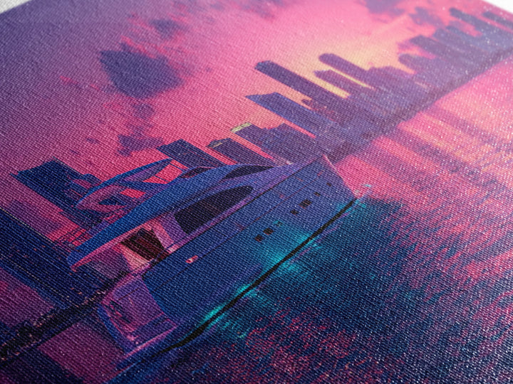 Luxury Yacht Sailing At Vibrant Pink Sunset Skyline With Modern Cityscape Featured As Wall Art For Home Decor