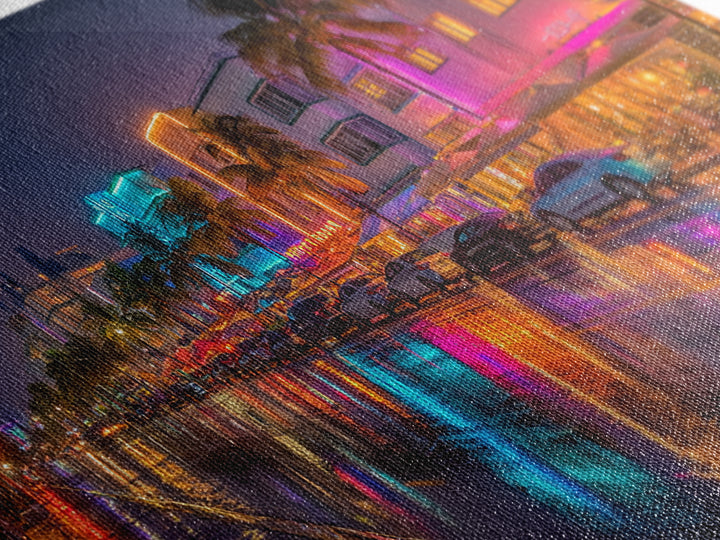 Neon City Night Street Scene Vibrant Urban Wall Art Canvas Print Modern Home Decor Living Room Art