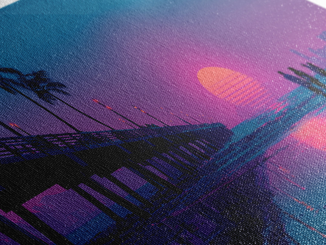 Vibrant Neon Sunset Beach Scene With Silhouettes Of People Framed Canvas Print Coastal Wall Art For Modern Living Room And Bedroom Decor