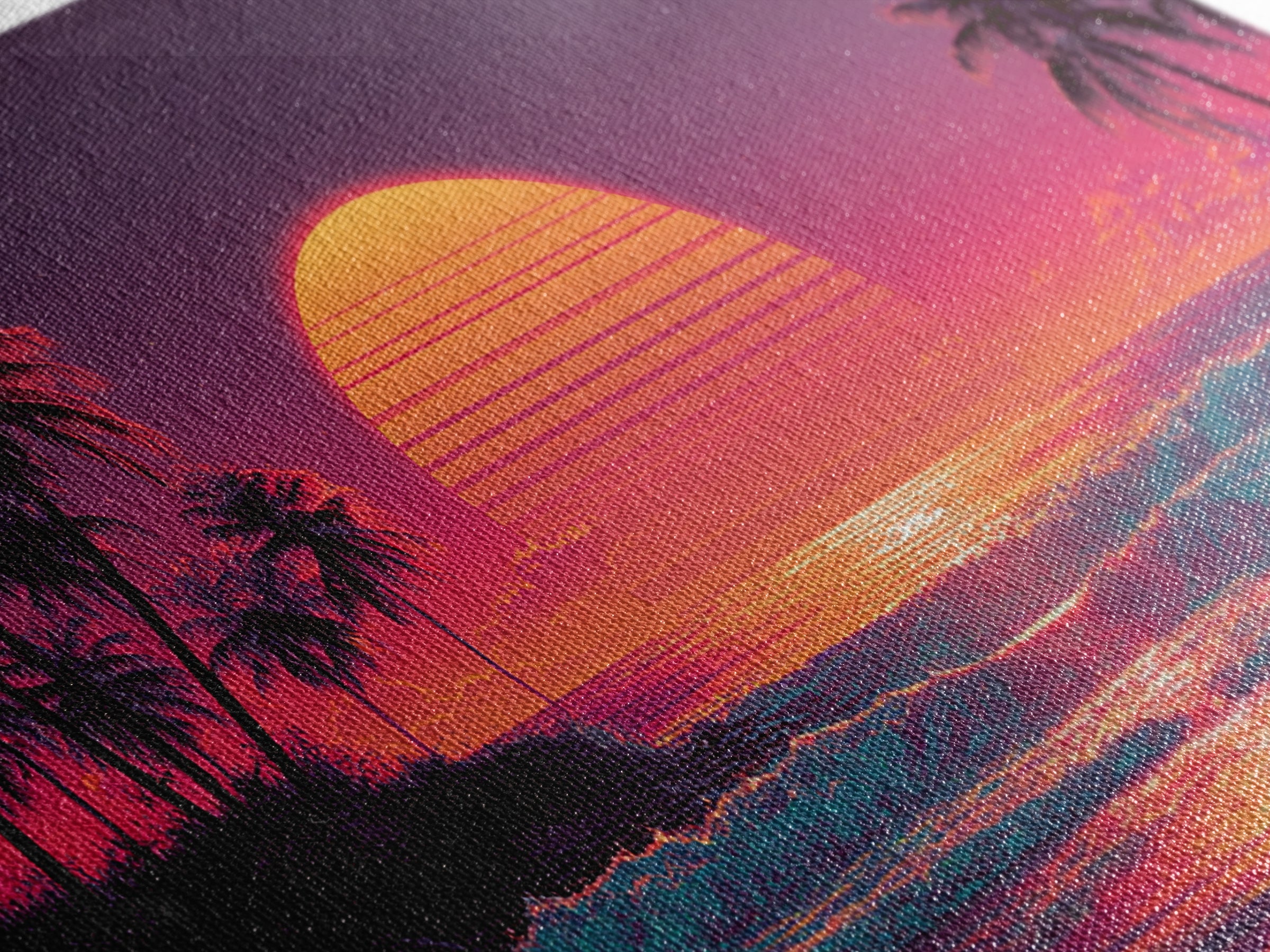 Vibrant Retro Sunset Tropical Beach Scene Digital Art Print Wall Art Framed Canvas Print Coastal Home Decor