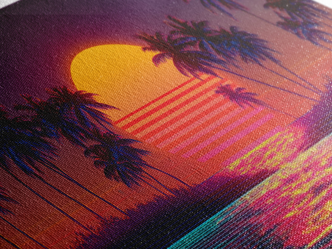 Retro Sunset Beach Palm Trees Digital Art Print Vibrant Coastal Wall Art Canvas Print Modern Boho Decor