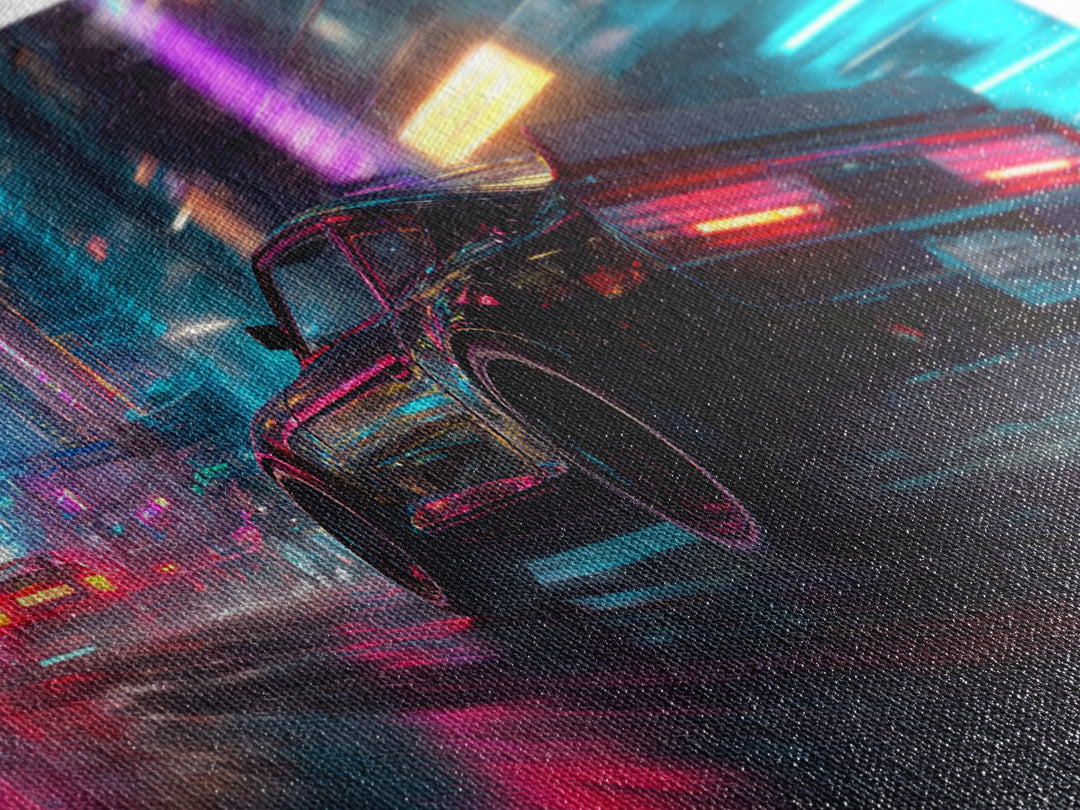 Neon Lit Sports Car Racing Down City Street At Night Featuring Vibrant Pink And Blue Modern Wall Art For Car Fans