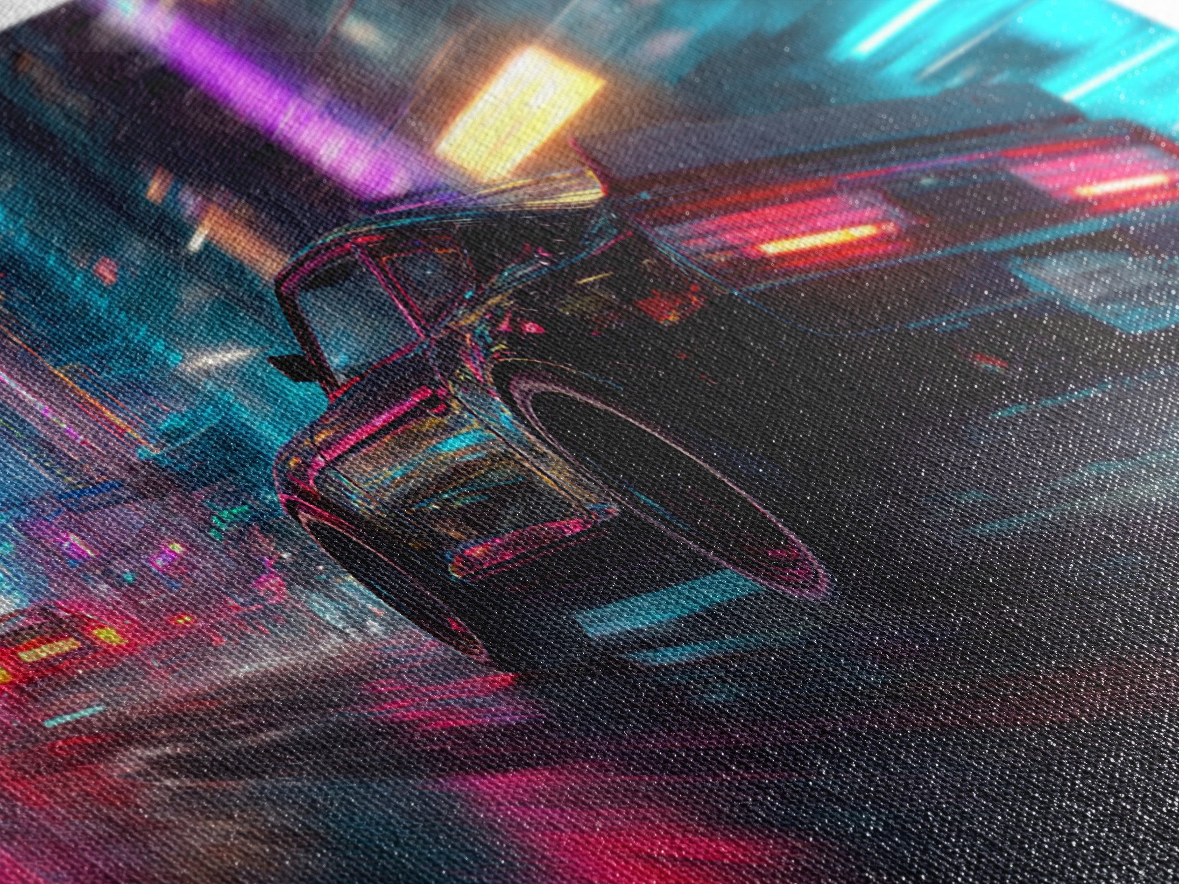Neon Lit Sports Car Racing Down City Street At Night Featuring Vibrant Pink And Blue Modern Wall Art For Car Fans