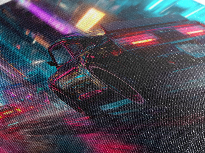 Neon Lit Sports Car Racing Down City Street At Night Featuring Vibrant Pink And Blue Modern Wall Art For Car Fans