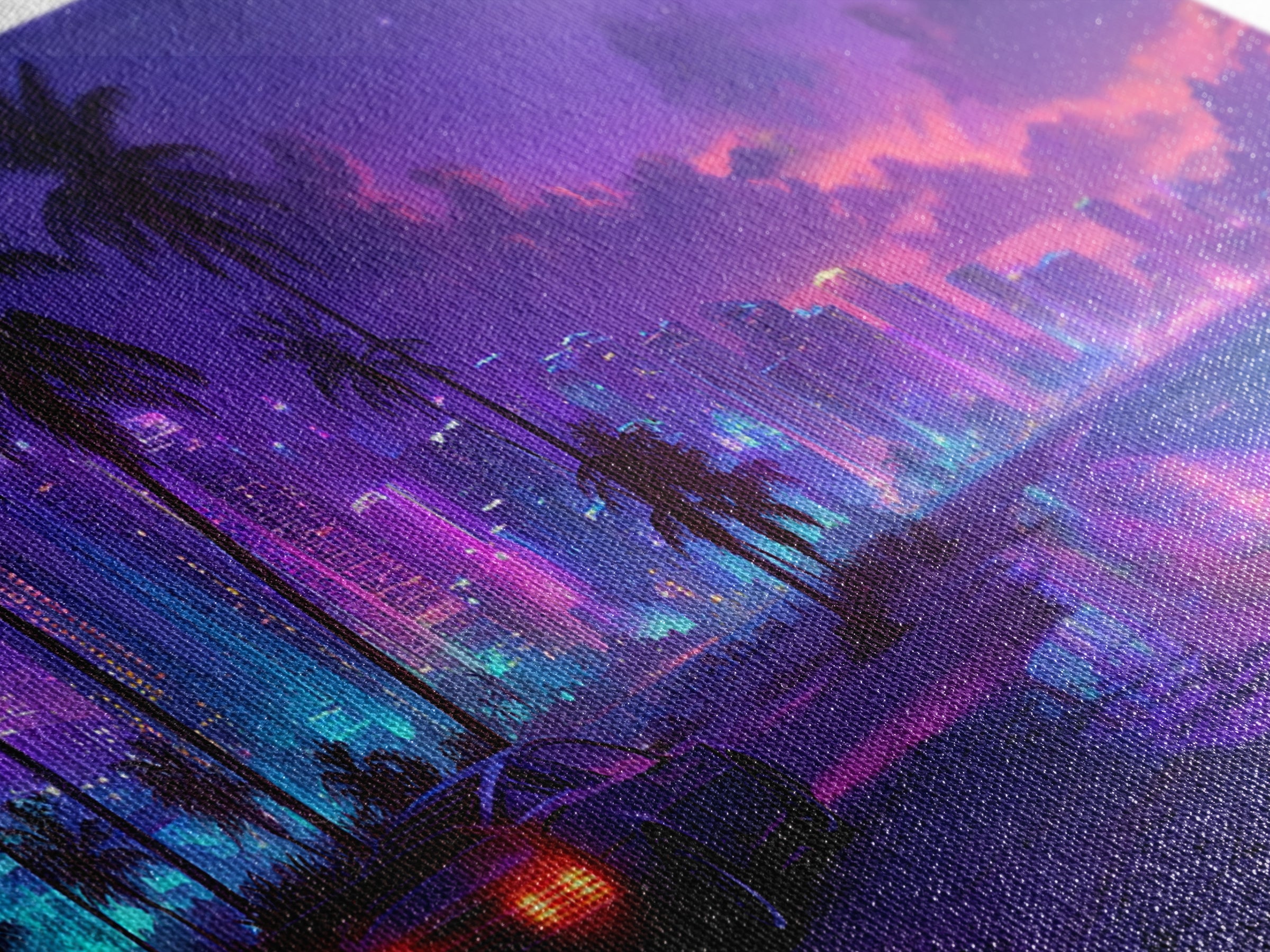 Cyberpunk Cityscape Night Scene With Neon Lights And Sports Car Modern Digital Art Canvas Print For Trendy Wall Art Home Decor