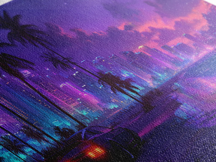 Cyberpunk Cityscape Night Scene With Neon Lights And Sports Car Modern Digital Art Canvas Print For Trendy Wall Art Home Decor