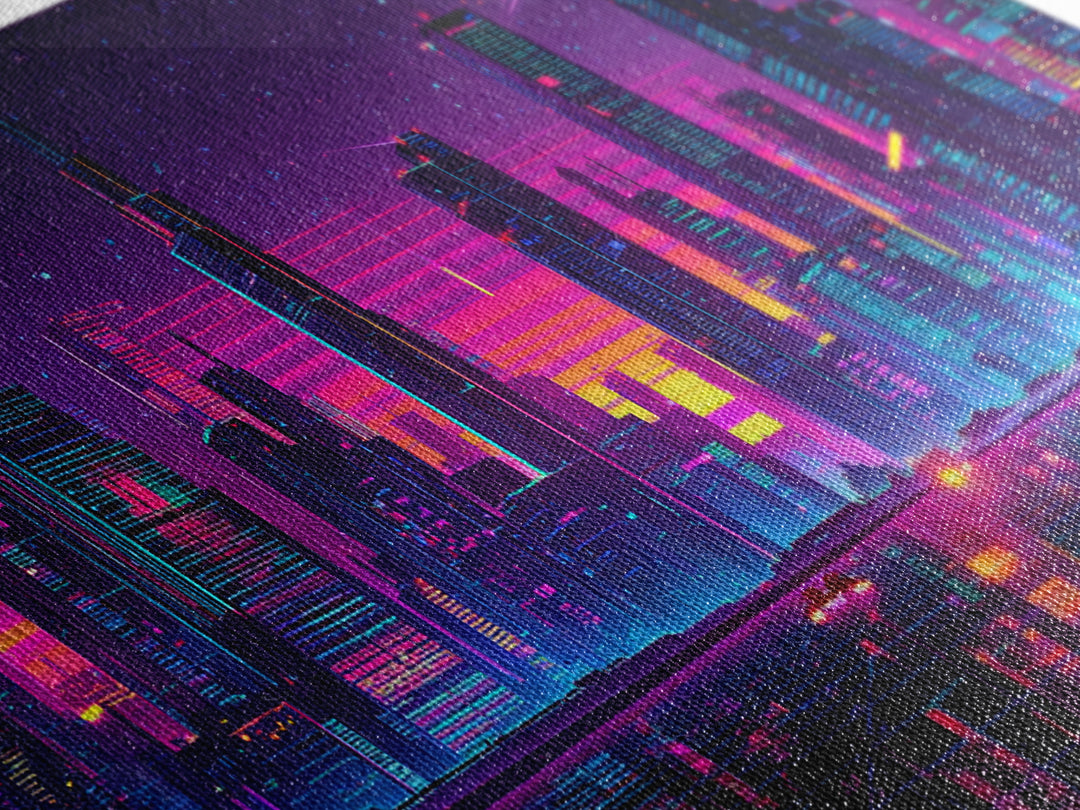 Vibrant Neon Cityscape With Reflective River And Pink Purple Sky Canvas Print Modern Urban Wall Art
