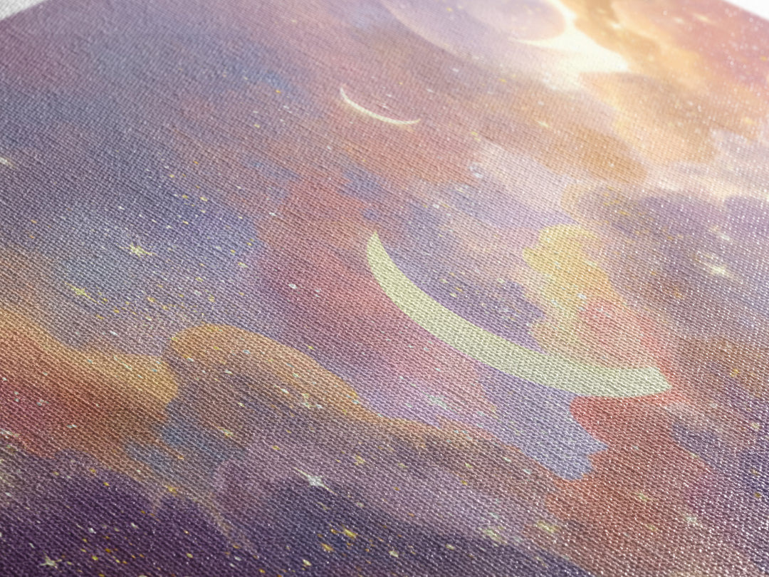 Glowing Crescent Moon Clouds Wall Art, Celestial Decor, Galaxy Art, Space Wall Art, Dreamy Bedroom Decor, Framed Canvas Print